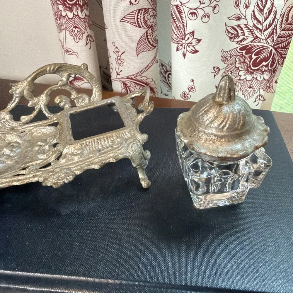 Antique Ornate Glass Inkwell Cast Metal Scroll Stand Victorian Art Nouveau
